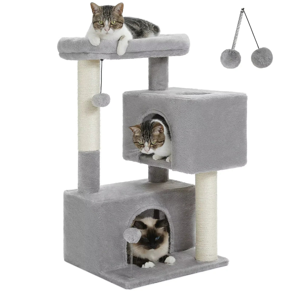 Large gray indoor cat tree tower with spacious condos, sisal scratching posts, wide perch, and dangling plush toys for large cats up to 10kg