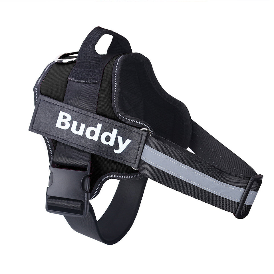 Adjustable reflective no-pull dog harness with personalized name patch and sturdy handle for comfort and control during walks.