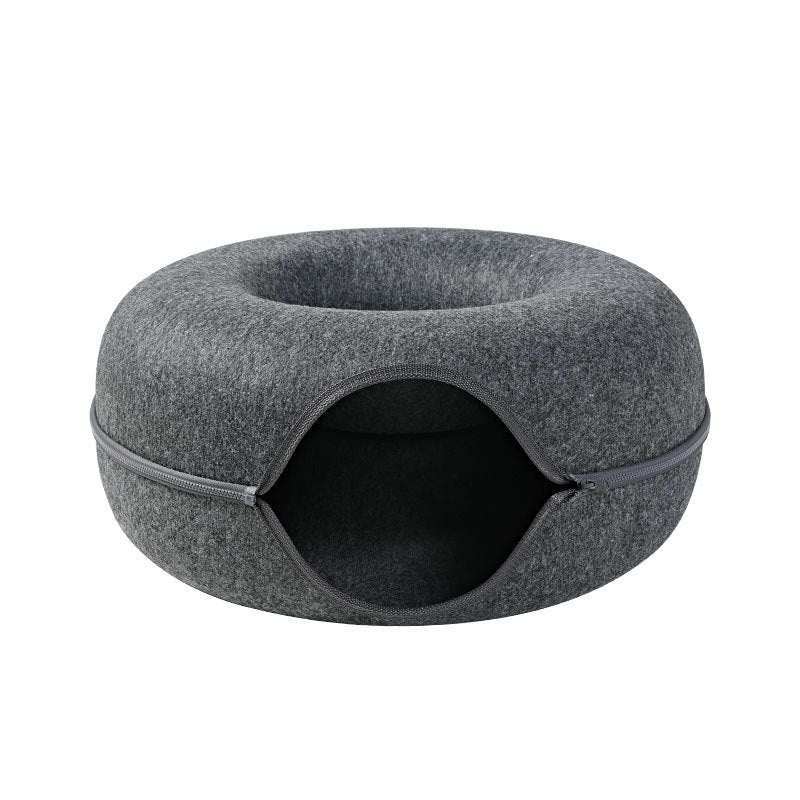 Washable Cat Donut Bed & Tunnel – 2-in-1 Felt Hideaway for Play/Sleep