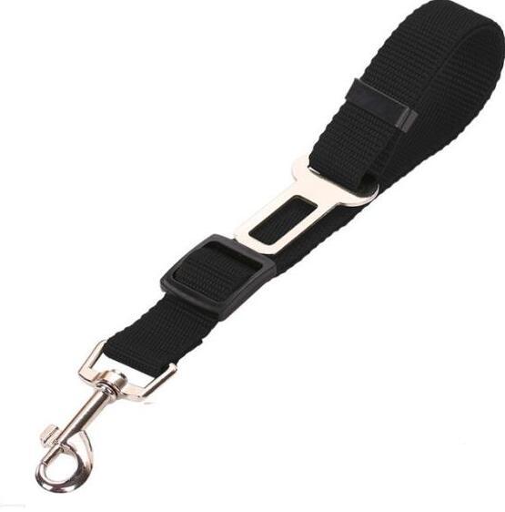 Black adjustable pet car seat belt and safety leash with metal clip for securing dogs during car rides and walks