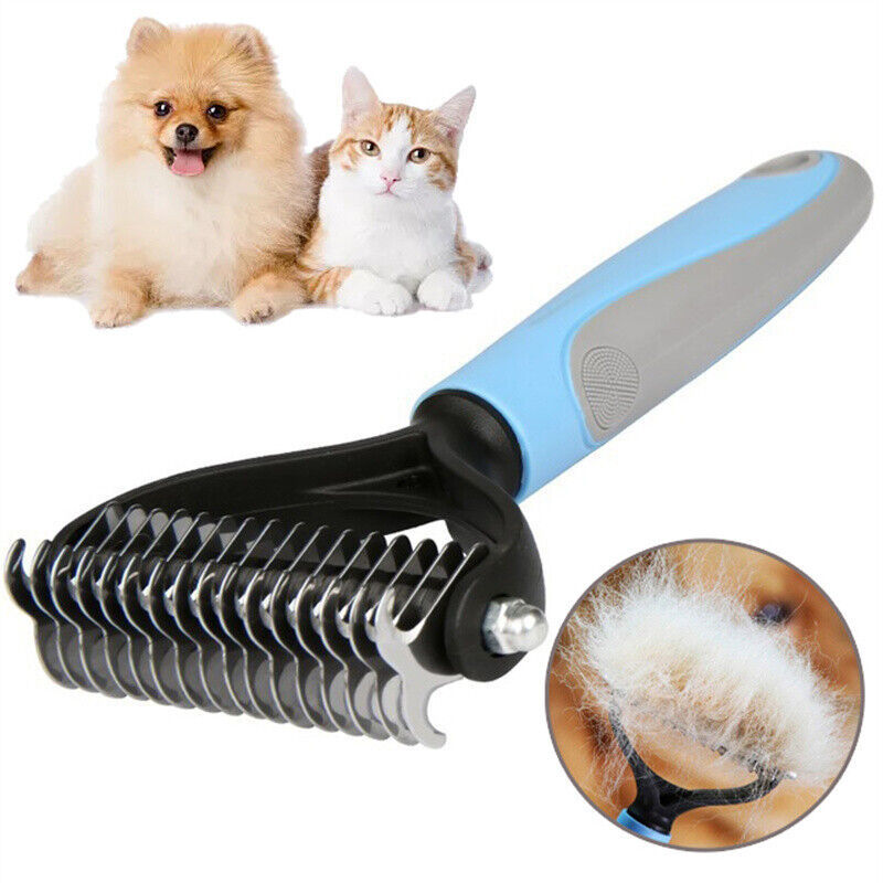 Dog deshedding rake with dual-sided blades and non-slip blue handle for removing loose fur and tangles from pets