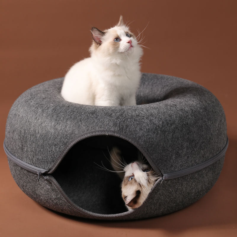 Washable Cat Donut Bed & Tunnel – 2-in-1 Felt Hideaway for Play/Sleep