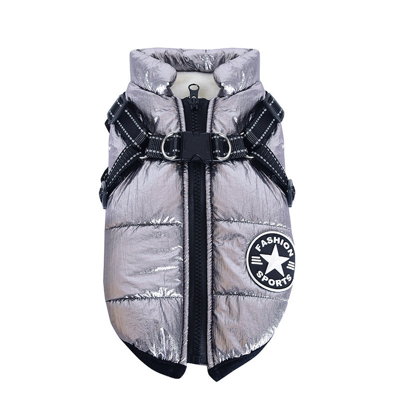 Silver breathable dog cotton vest with black adjustable harness and "Fashion Sports" patch, lightweight and washable pet clothing
