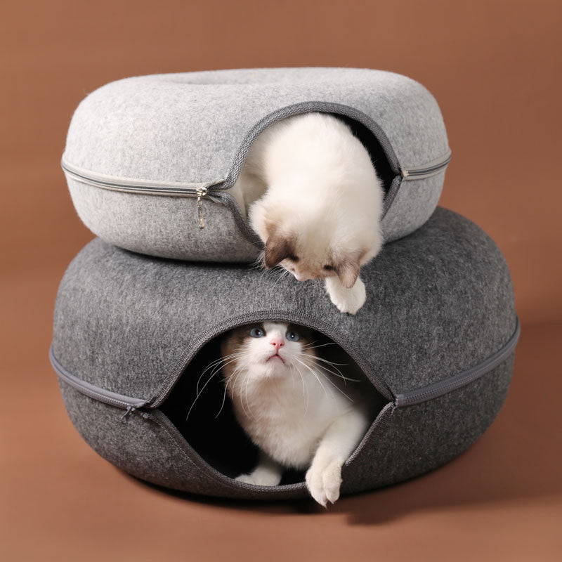 Washable Cat Donut Bed & Tunnel – 2-in-1 Felt Hideaway for Play/Sleep