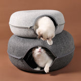 Washable Cat Donut Bed & Tunnel – 2-in-1 Felt Hideaway for Play/Sleep