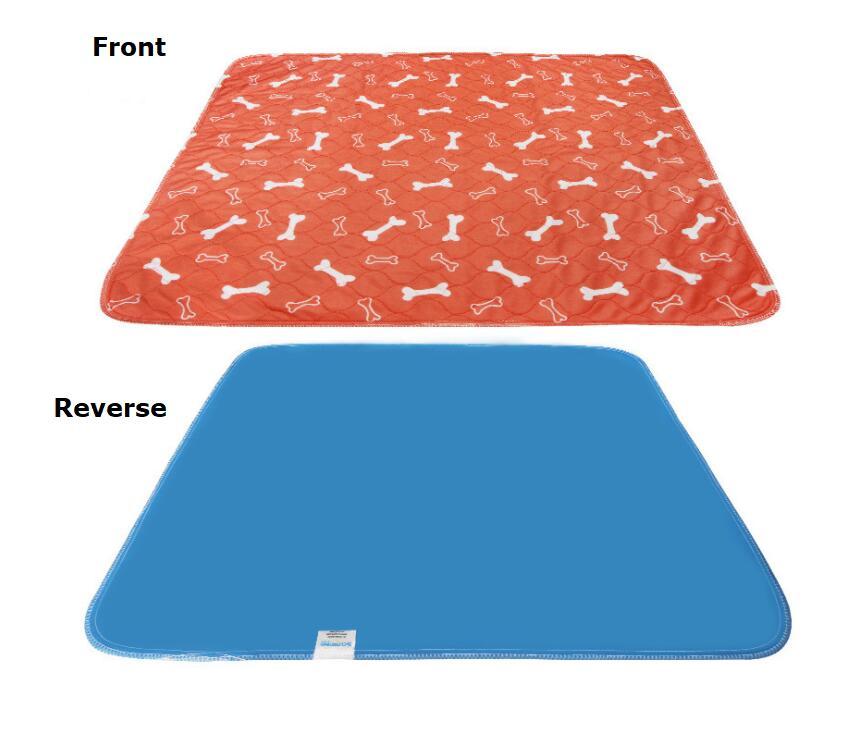 3-layer waterproof pet pad with orange bone pattern front and solid blue waterproof backing, machine washable and reusable absorbent pee pad for dogs and cats.