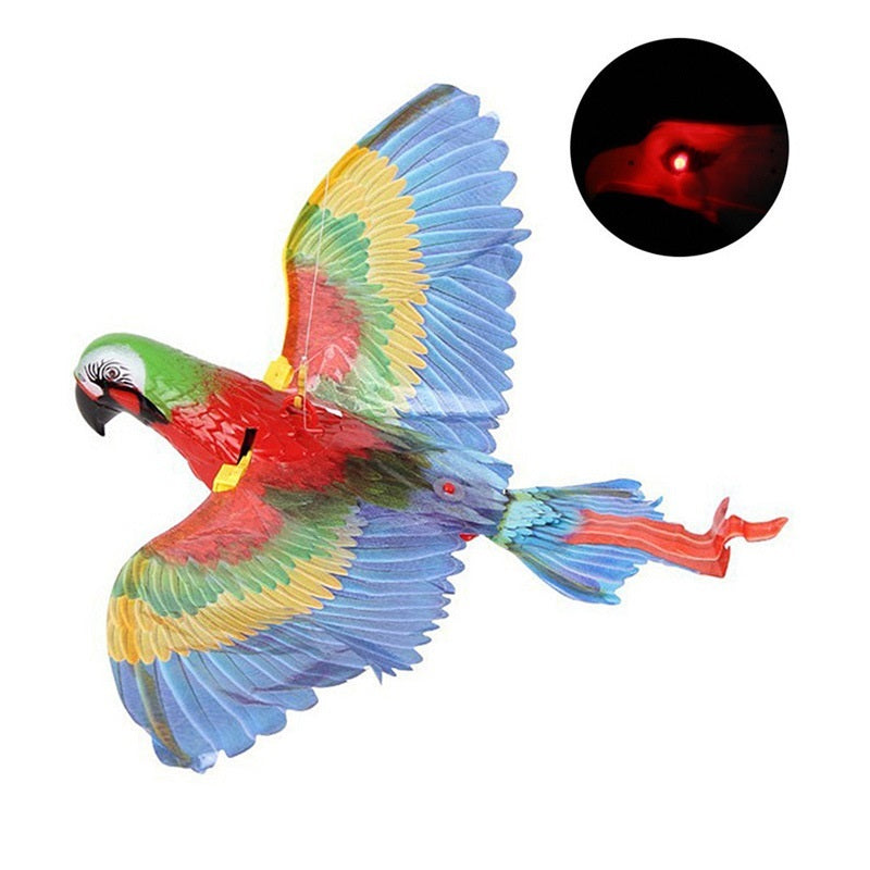 Colorful hanging cat toy shaped like a flying parrot with spinning wings and glowing red eyes to engage cats.