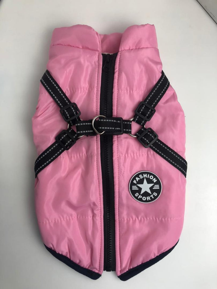 Pink dog cotton vest with black adjustable straps and front zipper, breathable and washable pet clothing