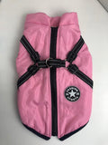 Pink dog cotton vest with black adjustable straps and front zipper, breathable and washable pet clothing