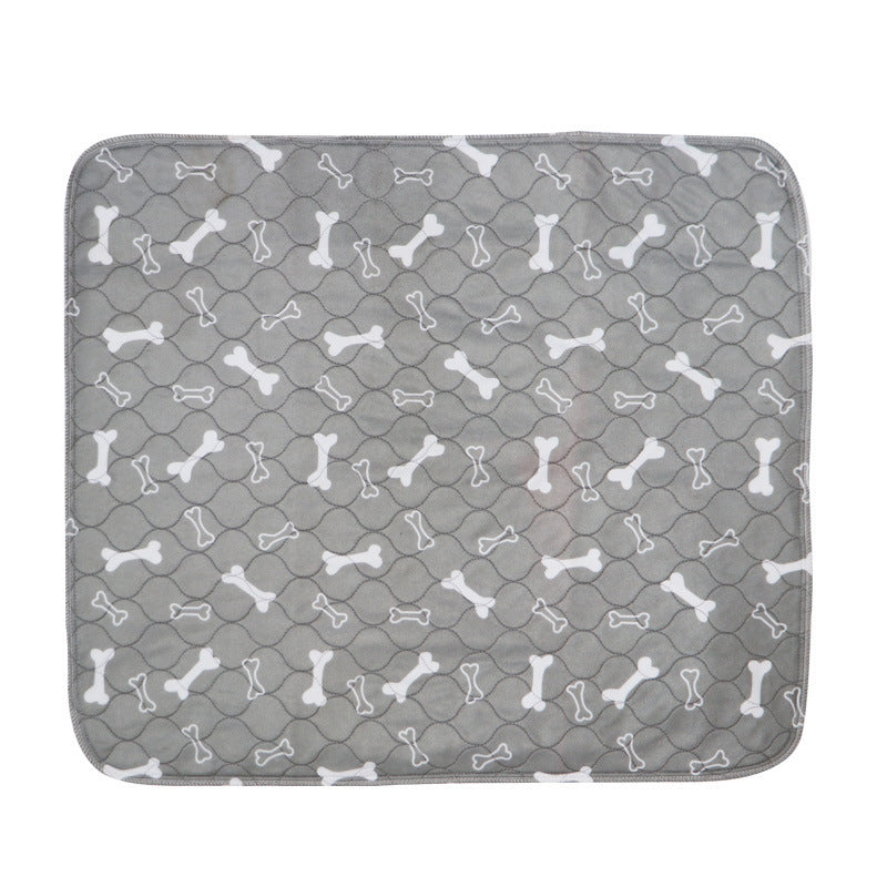 Gray 3-layer waterproof pet absorbent pad with white bone pattern, reusable and machine washable, leak-proof for dogs and cats.