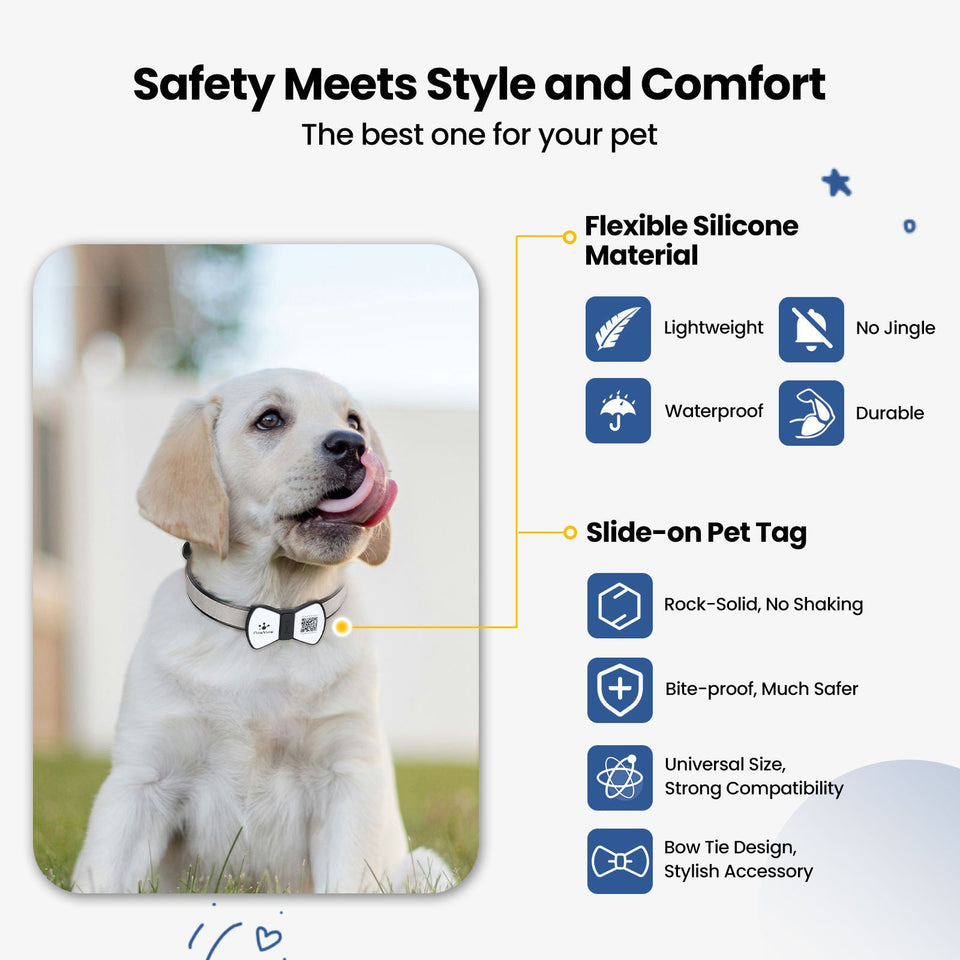 Dog wearing a flexible silicone NFC smart QR code pet ID tag in a bow tie design highlighting lightweight, waterproof, durable, no jingle, bite-proof, and universal size features