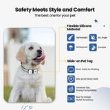 Dog wearing a flexible silicone NFC smart QR code pet ID tag in a bow tie design highlighting lightweight, waterproof, durable, no jingle, bite-proof, and universal size features