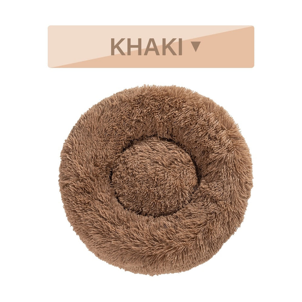 Fluffy Donut Dog Bed in khaki color, ultra-plush calming pet bed for cats and dogs with raised rim and soft long plush fabric.