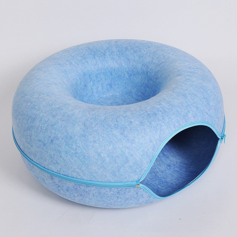 Washable Cat Donut Bed & Tunnel – 2-in-1 Felt Hideaway for Play/Sleep