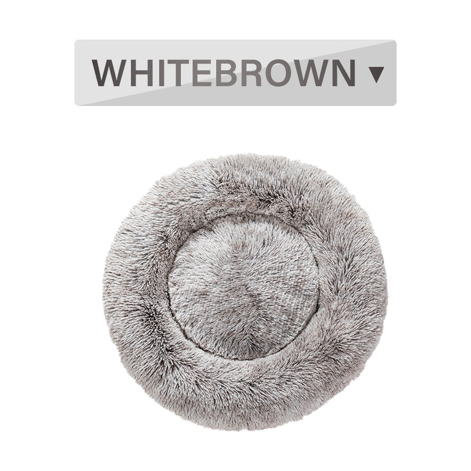 Fluffy Donut Dog Bed in white brown color, ultra-plush round calming pet bed for cats and dogs.