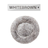 Fluffy Donut Dog Bed in white brown color, ultra-plush round calming pet bed for cats and dogs.