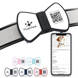 NFC Smart QR Code Pet ID Tag silicone bowknot design on dog collar with smartphone showing contact info for pet safety
