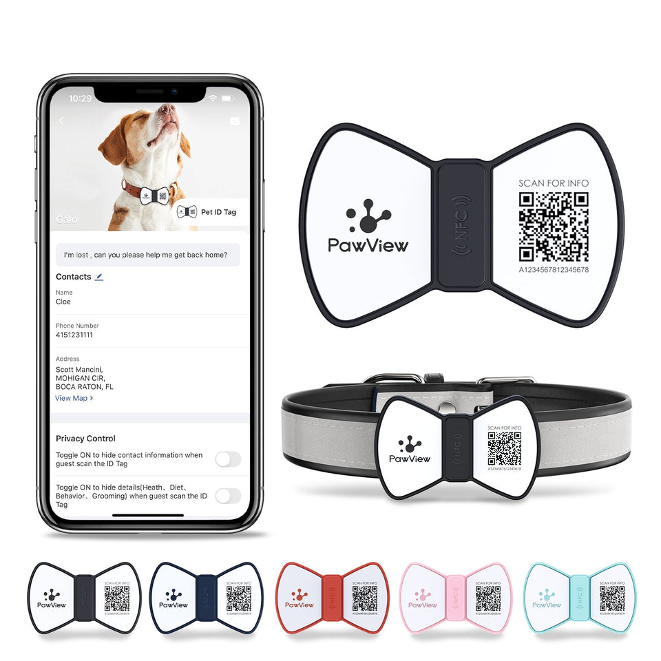 NFC Smart QR Code Pet ID Tag in silicone bowknot design for dogs and cats, showing smartphone scan feature and various color options.