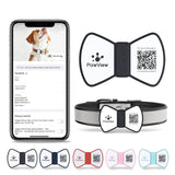 NFC Smart QR Code Pet ID Tag in silicone bowknot design for dogs and cats, showing smartphone scan feature and various color options.