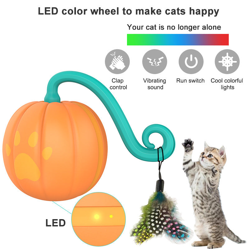 Electric cat pet toy shaped like a pumpkin with LED lights, vibrating sound, clap control, and colorful feathers for interactive play.