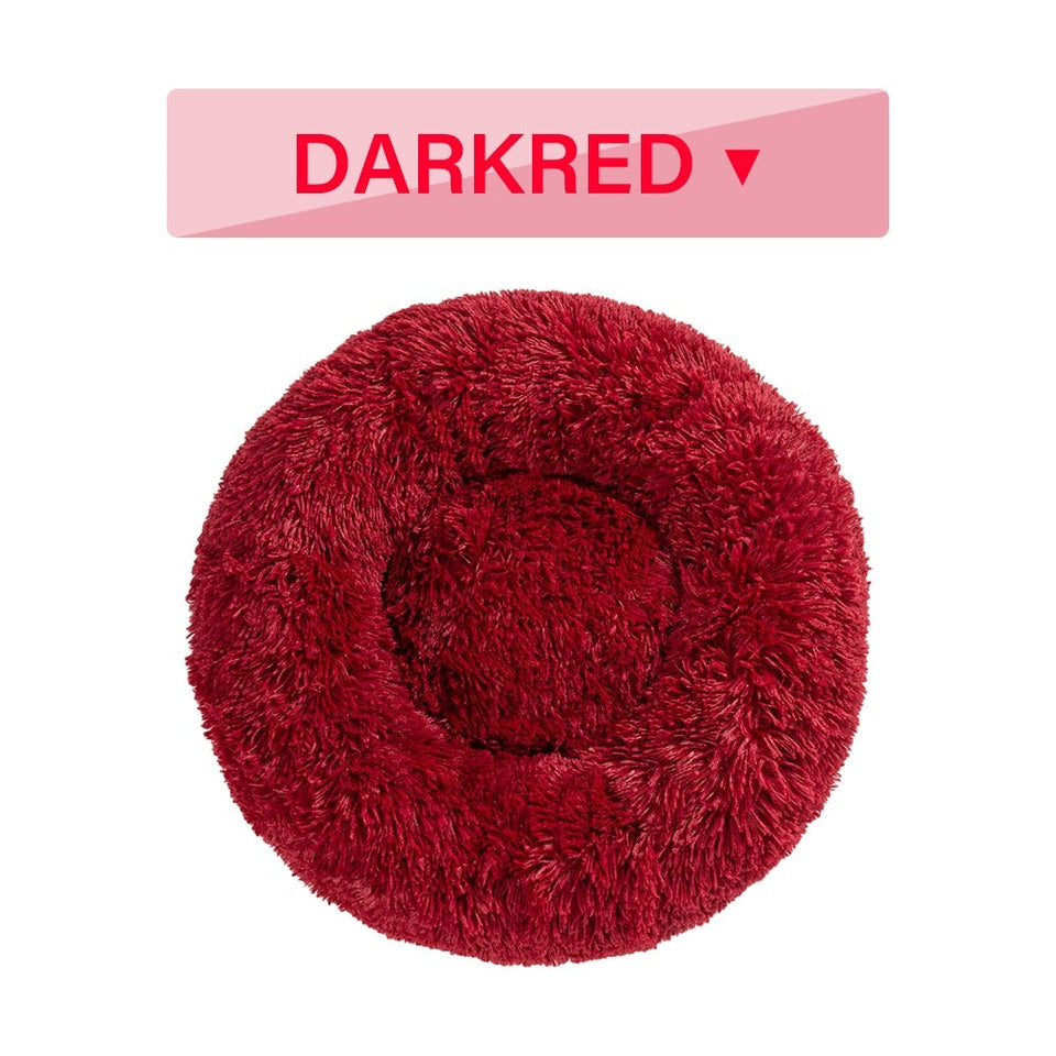 Dark red fluffy donut dog bed with ultra-plush calming design for cats and dogs