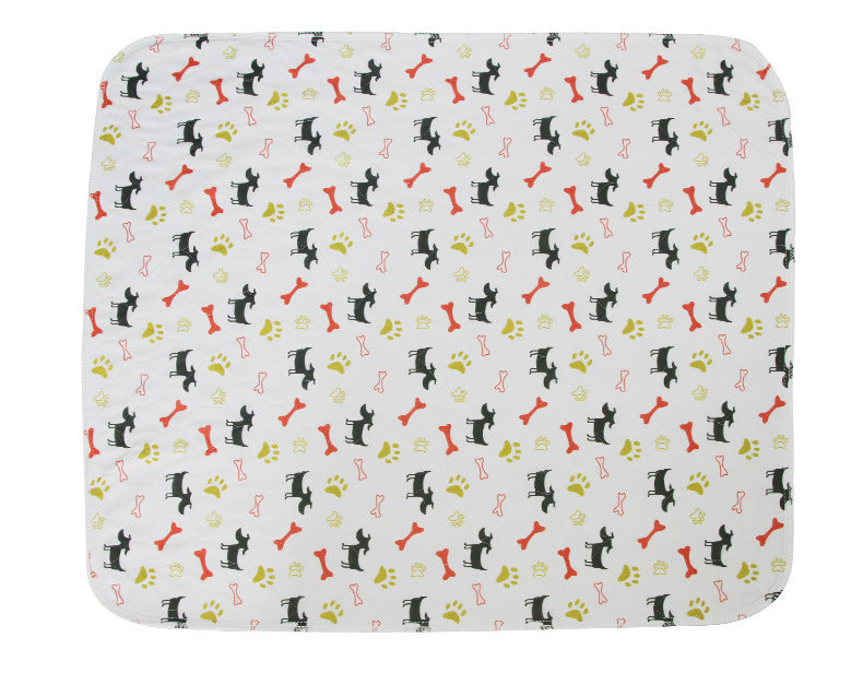 3-layer waterproof pet pad with dog and bone pattern, reusable and machine washable absorbent pee pad for dogs and cats.