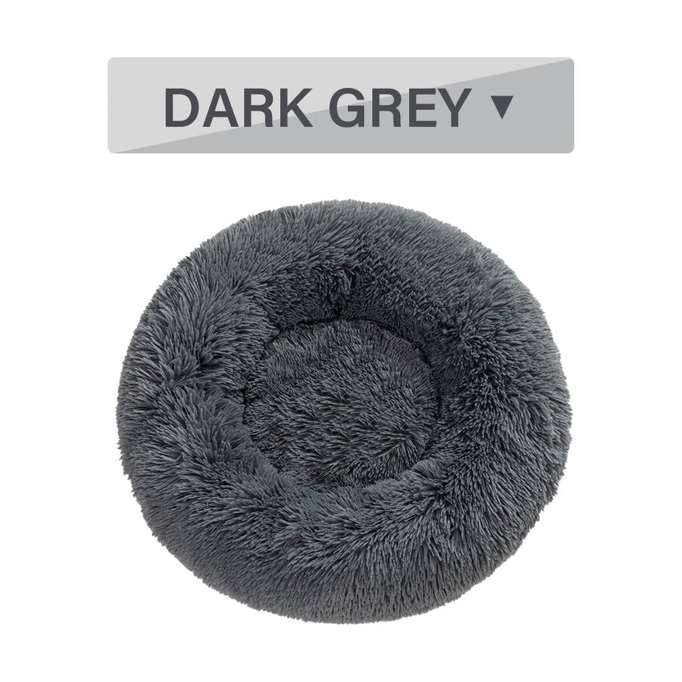 Dark grey fluffy donut dog bed with ultra-plush, calming design for cats and dogs