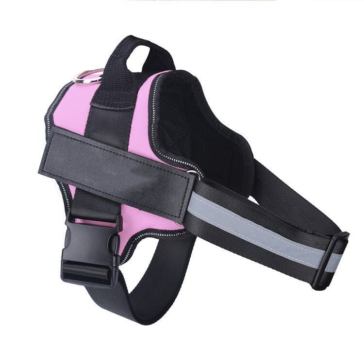 Adjustable pink and black no-pull dog harness with reflective strips and sturdy handle for safe walks