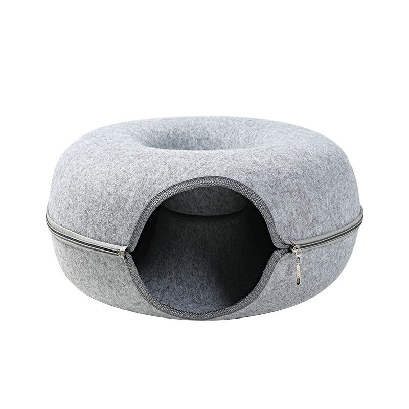 Washable Cat Donut Bed & Tunnel – 2-in-1 Felt Hideaway for Play/Sleep