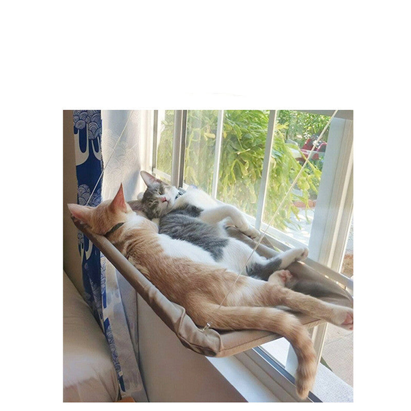 Two cats relaxing on a hanging cat window hammock mounted on a sunny window sill.