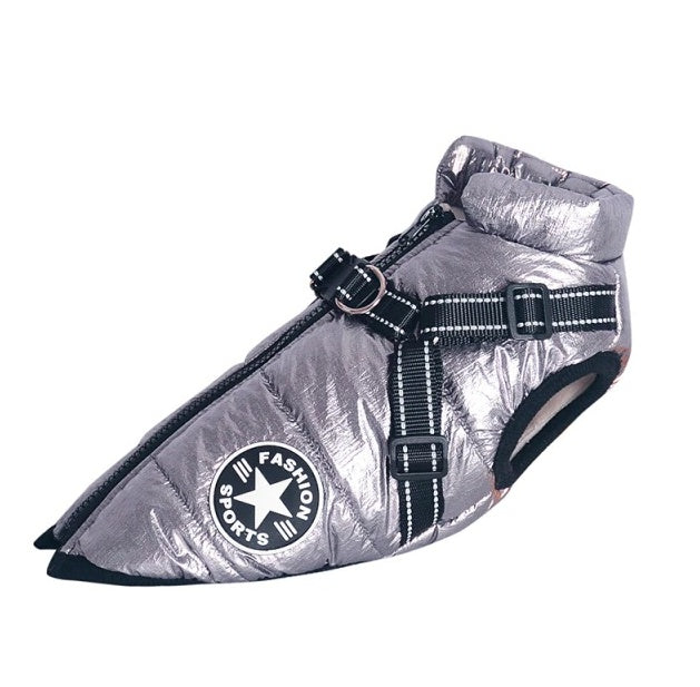 Silver breathable dog cotton vest with black adjustable straps and zipper closure, lightweight and water-resistant pet jacket