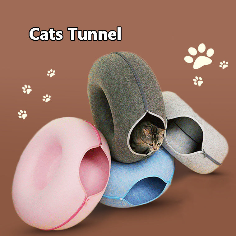 Washable Cat Donut Bed & Tunnel – 2-in-1 Felt Hideaway for Play/Sleep