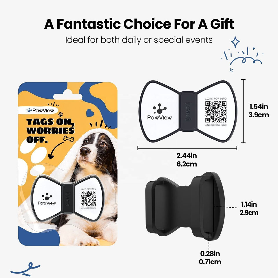 NFC Smart QR Code Pet ID Tag with bowknot design, durable silicone, smartphone scannable for pet safety.