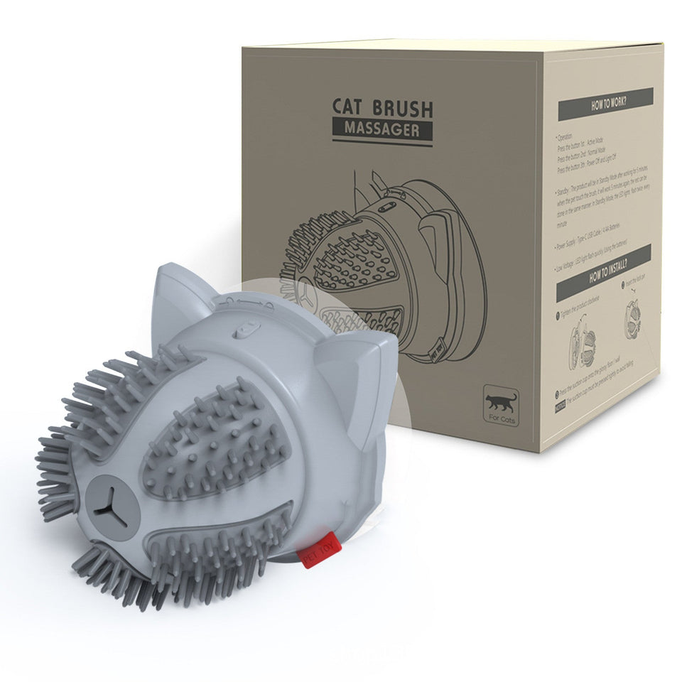 Electric Pets Cat Brush LED massager toy for cats with plastic bristles and dual power supply in packaging box
