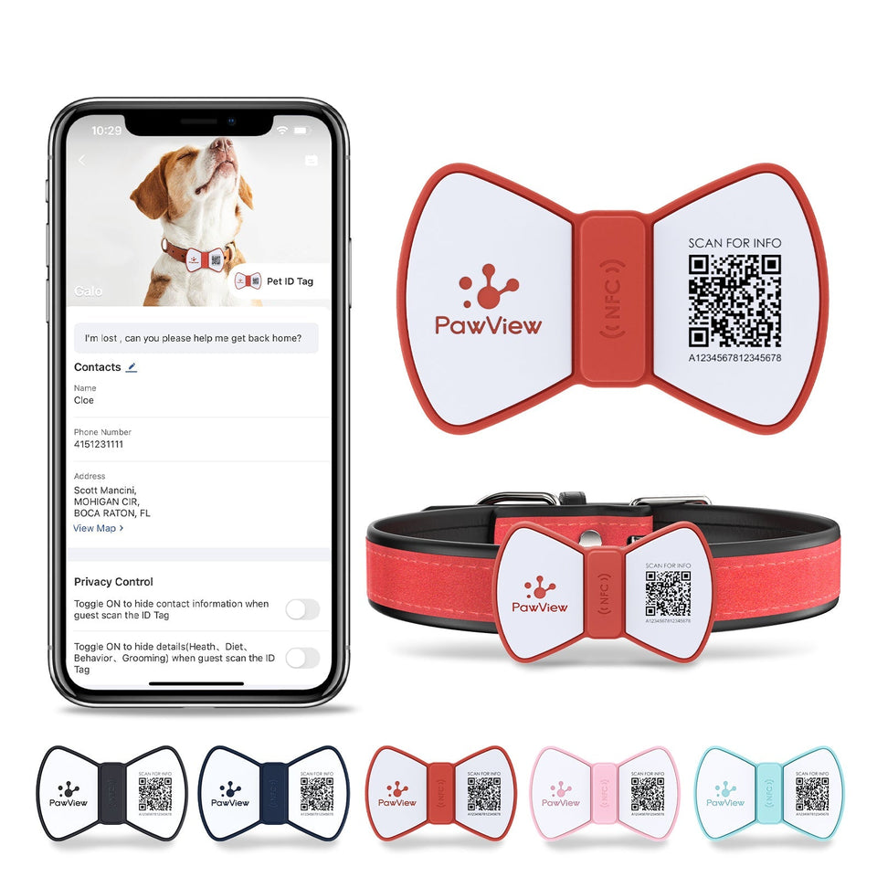 NFC Smart QR Code Pet ID Tag silicone bowknot collar tag with smartphone showing pet contact info