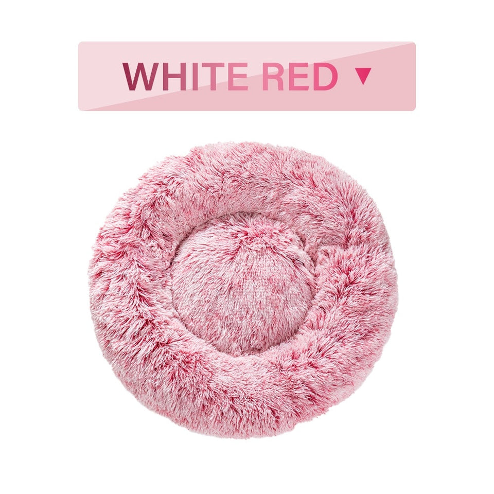 Fluffy Donut Dog Bed in soft white and red plush, round cozy pet bed for cats and dogs.