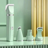 4 in 1 Electric Pet Grooming Kit with interchangeable attachments for trimming, clipping, nail grinding, and fur removal in mint green color