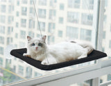 White cat lounging on black hanging cat window hammock attached with suction cups to a high-rise window for birdwatching and sunbathing.