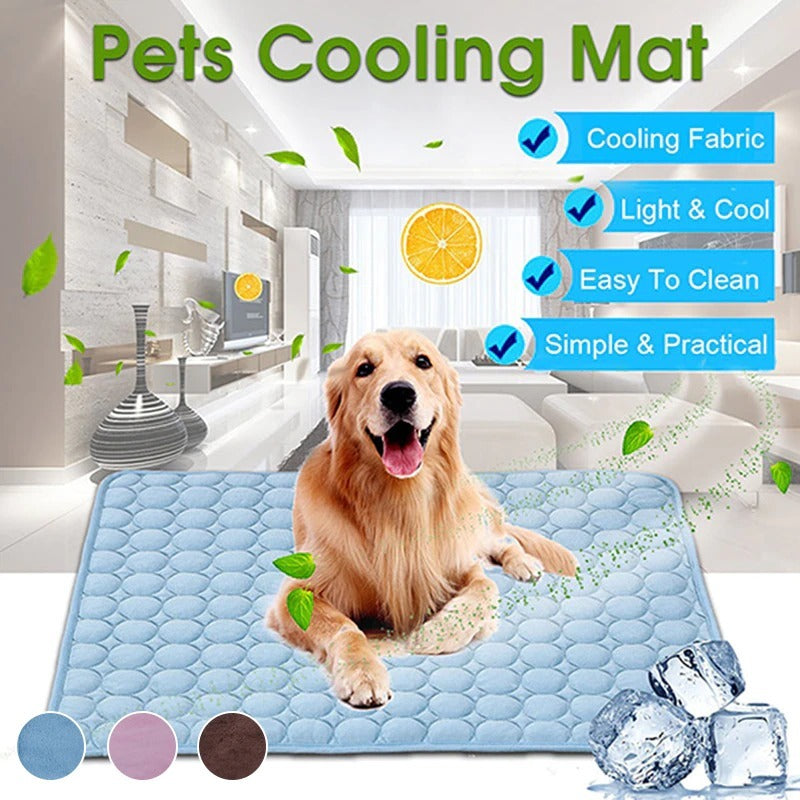 Golden retriever lying on light blue dog cooling mat with cooling fabric, easy to clean, and practical features