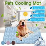 Golden retriever lying on light blue dog cooling mat with cooling fabric, easy to clean, and practical features