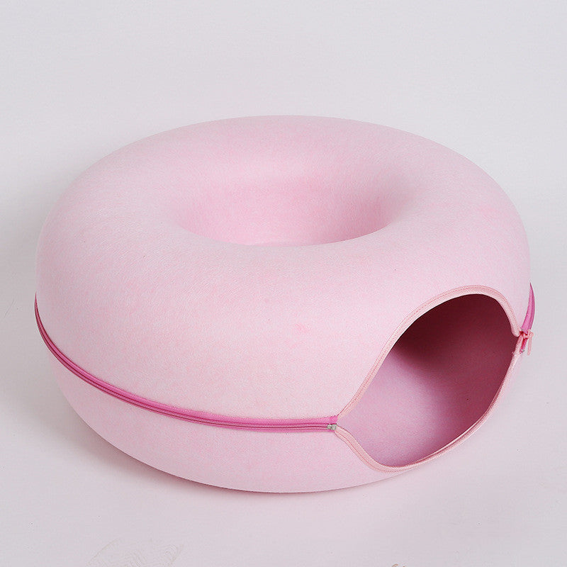 Washable Cat Donut Bed & Tunnel – 2-in-1 Felt Hideaway for Play/Sleep