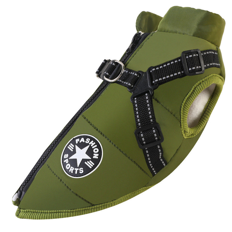 Green waterproof dog cotton vest with adjustable black harness and front zipper for small to large dogs