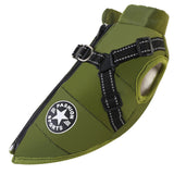 Green waterproof dog cotton vest with adjustable black harness and front zipper for small to large dogs
