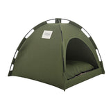 Portable cat tent in military green with cushioned interior, lightweight and foldable pet bed for indoor and outdoor use.