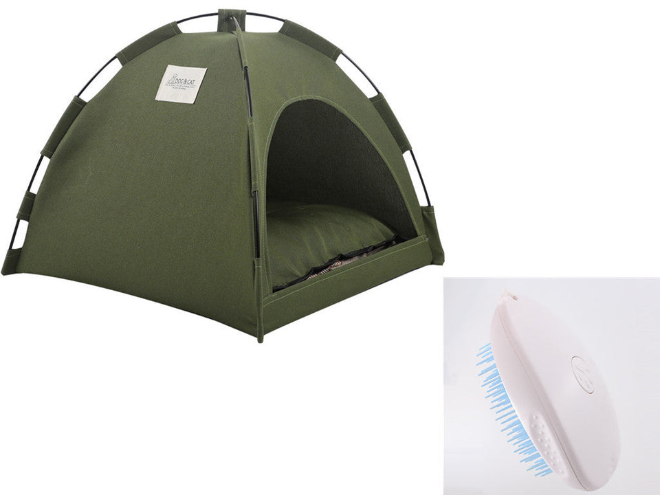 Portable cat tent in military green with foldable frame and cushioned interior for indoor and outdoor use.