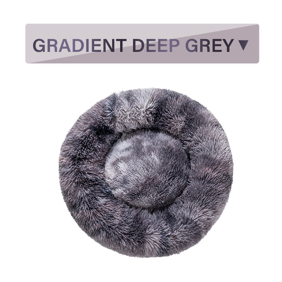 Fluffy Donut Dog Bed in gradient deep grey, ultra-plush calming pet bed for cats and dogs with raised rim and soft long plush design.